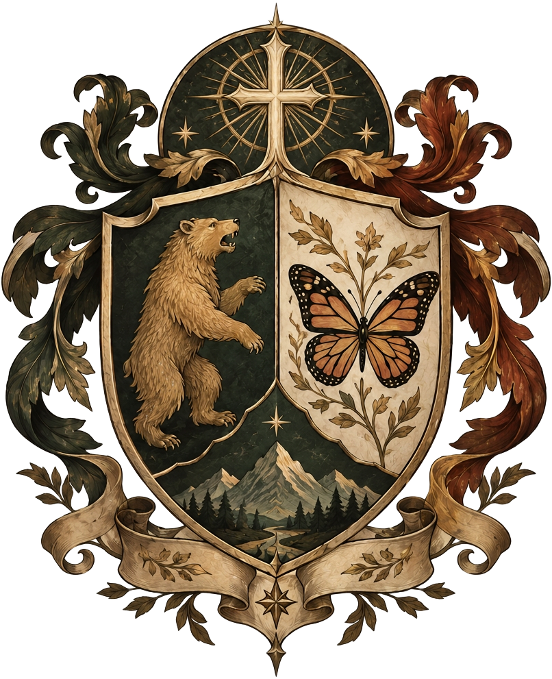 Familienwappen: geteilter Schild mit goldenem Bären und Monarchfalter, strahlendes Kreuz, Akanthus-Ornamente und Spruchband